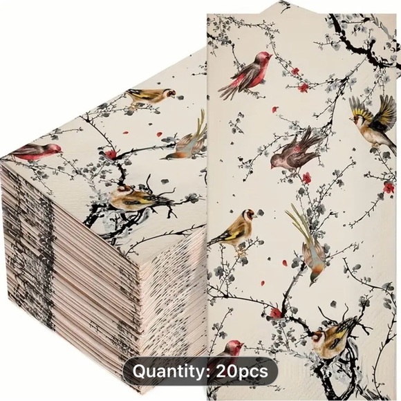 Elegant Bird & Blossom Decorative Paper Napkins, 20-Pack 4.3”x8” - Picture 5 of 7